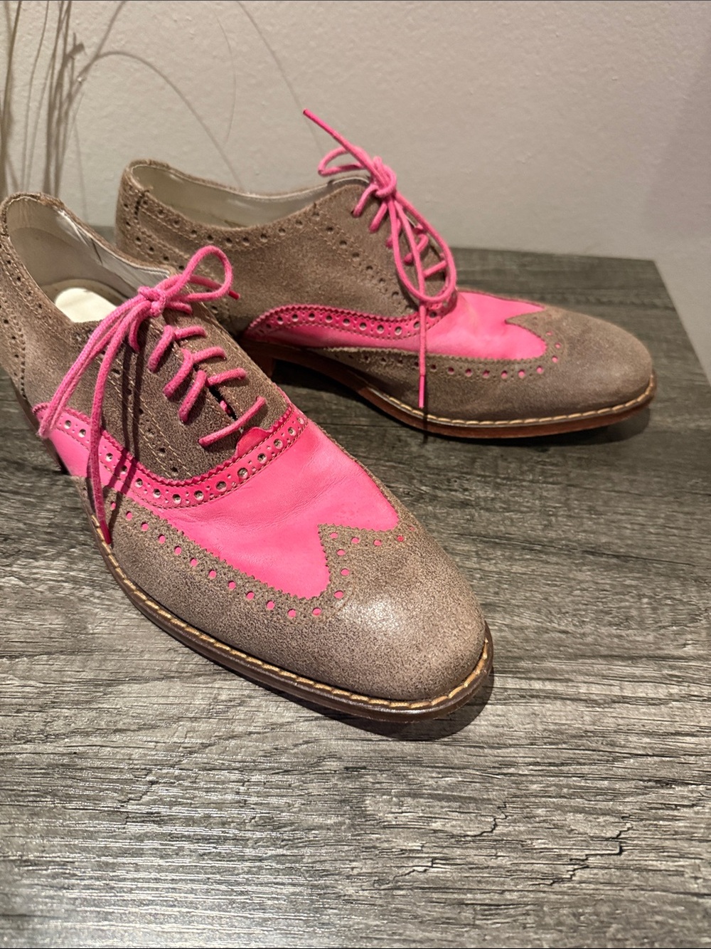 Cole Haan Pink and Brown Leather-Suede Wingtip Oxfords